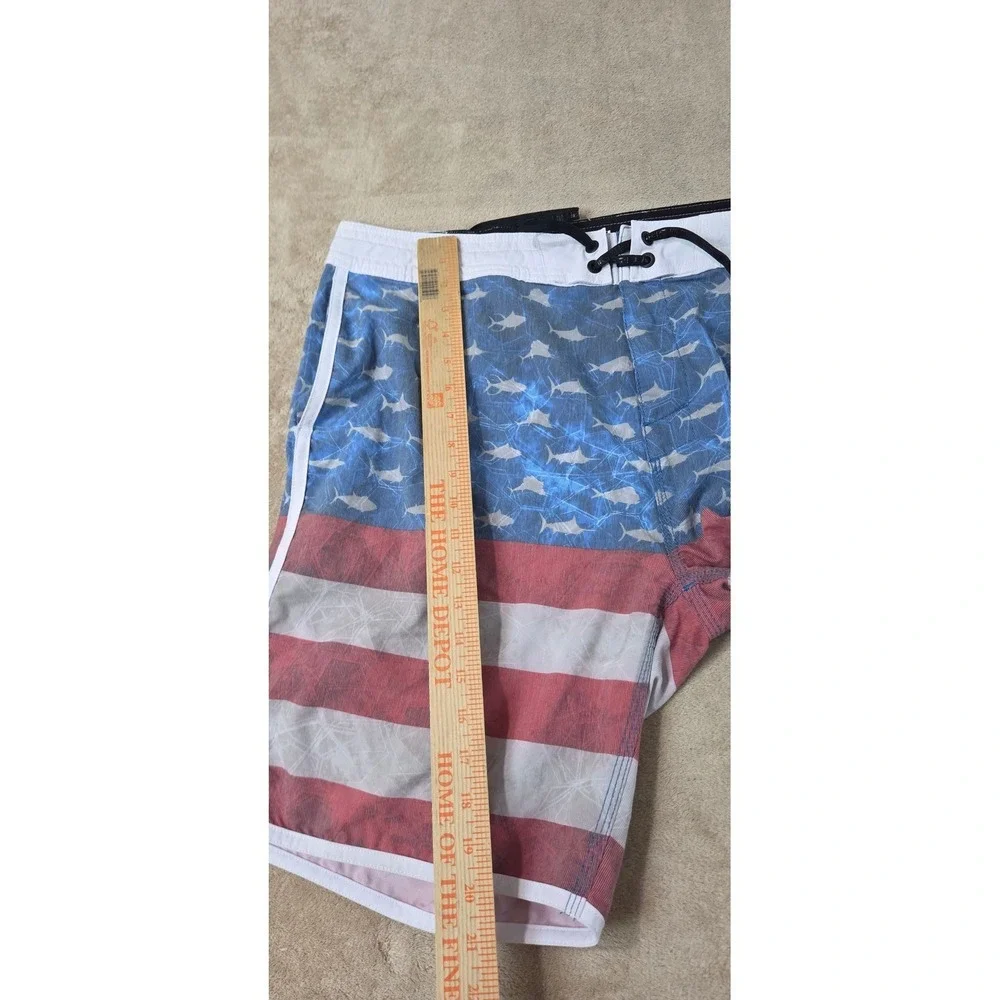 Pelagic High Performance Sharkskin Offshore Board Short 38 USA Flag Fish AOP EUC